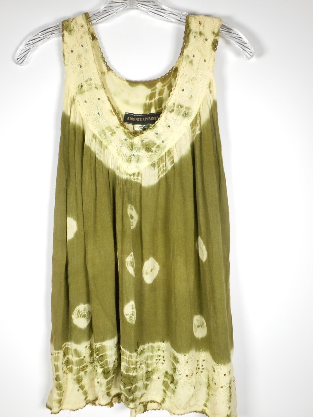 Olive Green Cotton V-Neck Sz M L Long Tank Top Boho Tie-Dye Sequin Embroidery